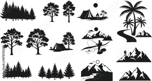 A set of vector tree silhouettes designed as simple Christmas themed icons for winter holiday decoration
