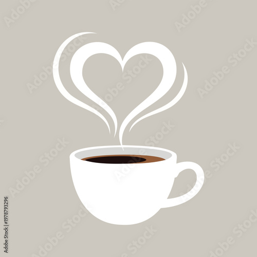 White coffee cup with steam forming a heart shape on a neutral background, morning beverage concept