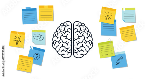 A central black outline of a human brain is surrounded by numerous colorful sticky notes featuring various icons like lightbulbs and pencils for brainstorming.