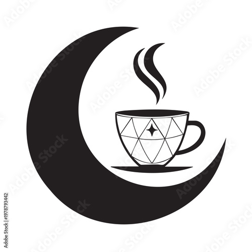 Minimalist coffee cup with steam in crescent moon shape vector illustration for relaxation and morning routine
