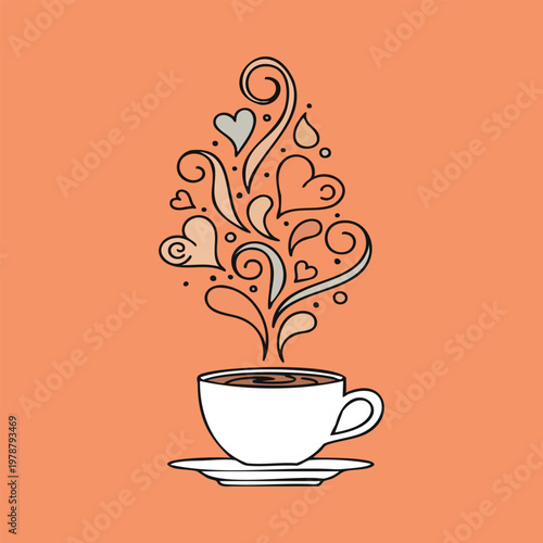 Steaming hot coffee cup with love heart steam art rising in warm minimalist setting