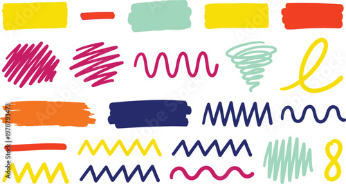 Colorful hand drawn brush strokes and scribbles in various shapes and sizes on white background
