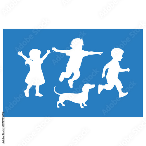 Three white silhouettes of people dancing on a blue background
