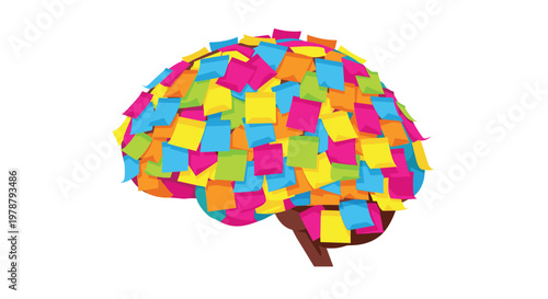 A human brain is completely covered and obscured by a dense and chaotic layer of overlapping multi-colored square sticky notes against a white background.