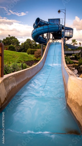 A vibrant shot of a water slide in a park on a sunny day. The slide curves upwards, inviting thrills, with flowing water