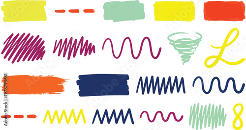 Colorful hand drawn brush strokes and lines in various shapes and sizes  design elements