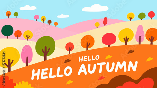 A colorful illustration depicts rolling hills and trees welcoming the autumn season.