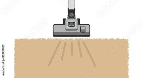 A modern grey vacuum cleaner head is actively cleaning a thick beige carpet surface with visible suction paths against a minimalist white upper background.