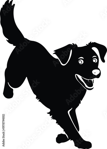 “Playful black dog silhouette standing alert, tail raised, on bright white background, cartoon-inspired clean vector style”.
