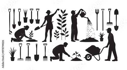 Garden tool icons and human silhouettes engaged in agricultural activities and plant care processes