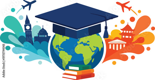 International Education Journey Concept with Graduation Cap, Globe and Travel Landmarks in Dynamic Splash Composition