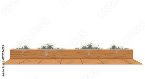 Meticulous illustration of a horizontal wooden garden border featuring dark green mold spores and grey fungal growth spreading across the textured timber surface.