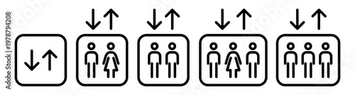 Outline elevator icon set featuring directional arrows and passenger capacity symbols. Lift signage pictograms for floor navigation, wayfinding and building interiors. Minimal icons isolated.