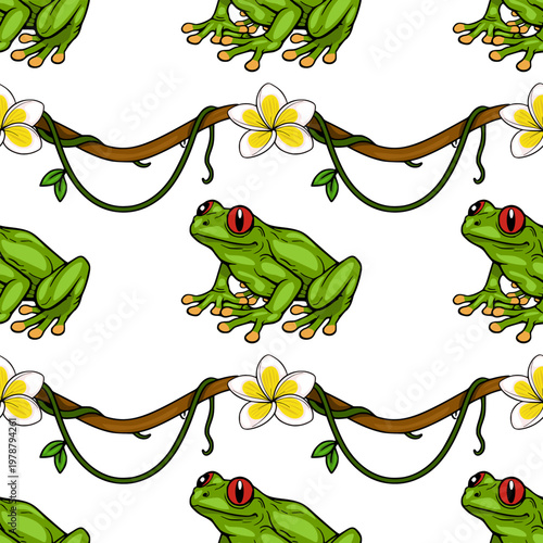 Seamless jungle pattern vector with red-eyed tree frogs and frangipani flowers on vines