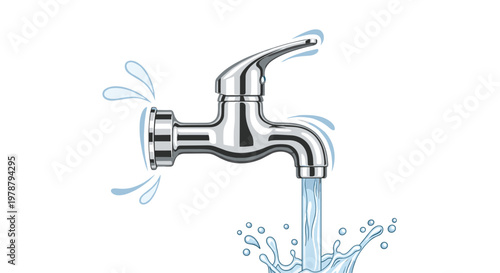 A polished silver chrome faucet releases a powerful stream of blue water while smaller droplets spray from a faulty connection against a white background.