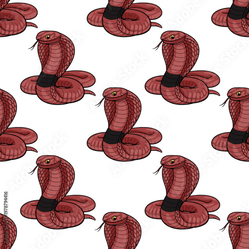 Seamless pattern with red cobras on white background, king snake with hood expanded and flickering tongue for wildlife textile and surface design