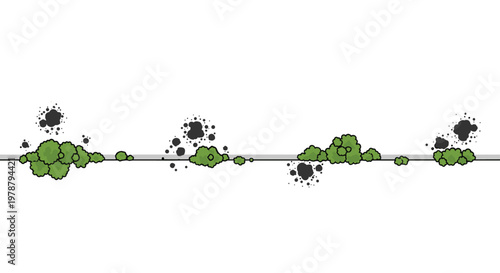 Delicate green moss clusters and dark black mold spots grow sporadically along a thin horizontal grey line against a stark white background in this graphic.