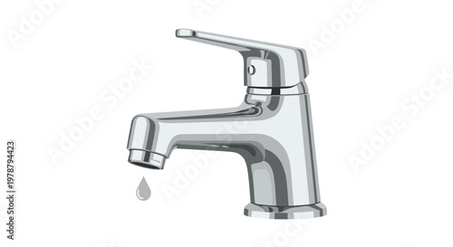 Pristine modern chrome faucet features a single grey water droplet suspended from the spout against a clean white background with realistic metallic reflections and shadows.