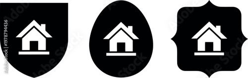 Black Home Icon Set in Shield, Egg, and Badge Shapes for Real Estate and Security Branding
