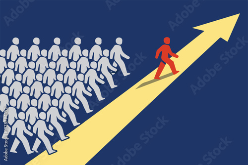 Disruptive Innovation and Individual Thinking Concept with One Person Breaking Away from Crowd Direction Flat Vector