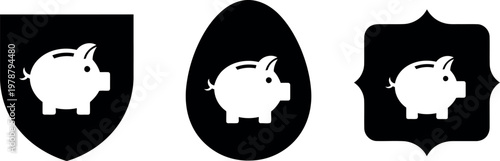 Piggy Bank Icon Set in Black Silhouette for Finance, Savings, and Investment Concepts