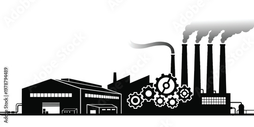 Industrial factory building silhouette with smoking chimneys and mechanical gears vector illustration.