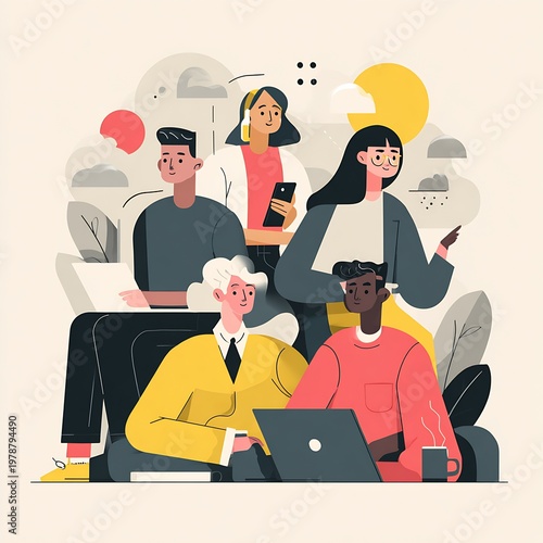 Modern flat illustration of a diverse multigenerational team collaborating with laptop, phone and coffee in a casual office