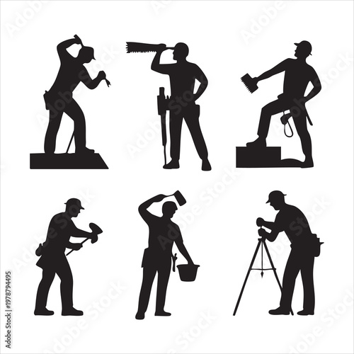 Industrial construction crew silhouettes highlighting professional craftsmen using heavy hand tools