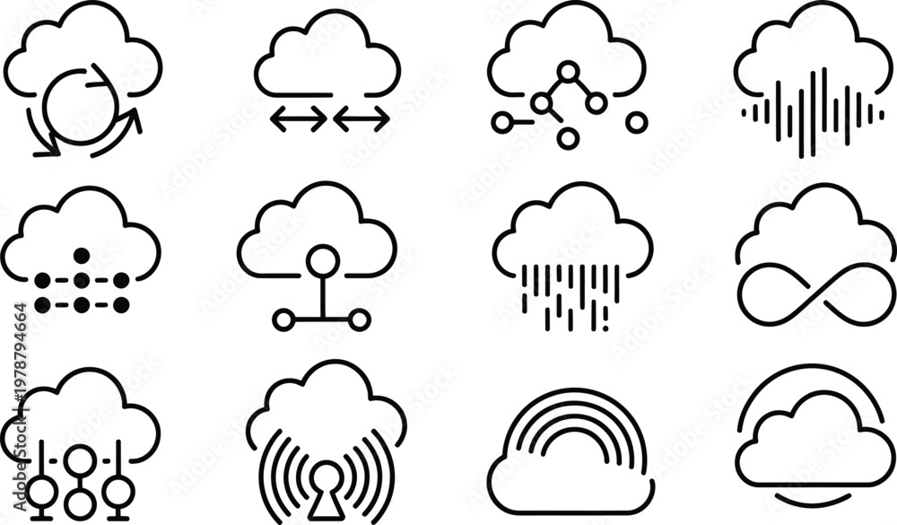 Obraz premium Cloud Computing Icons, Weather Symbols, Cloud Service Logos, Vector Graphics