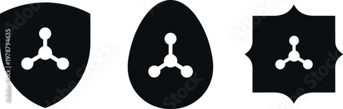 Black Chemical Structure Icons Set on Shield, Egg, and Leather Shapes for Science and Industry Design