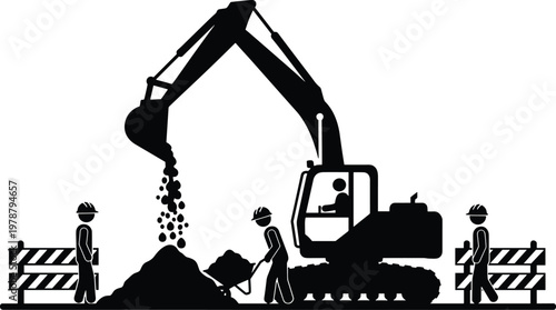 Road construction site silhouette vector with excavator digging soil and workers with wheelbarrow and safety barriers for utility repair and infrastructure development projects.