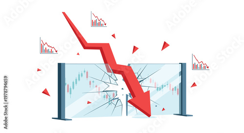 Vibrant financial graphic depicts a sharp red arrow smashing through a glass barrier featuring candlestick charts with smaller floating graphs against a white background.