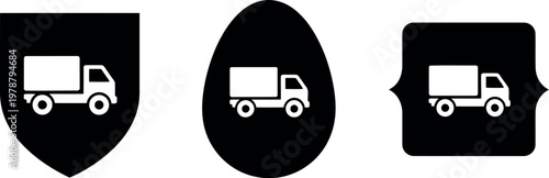 Black Delivery Truck Icon Set in Shield, Oval, and Badge Shapes for Logistics and Shipping Design