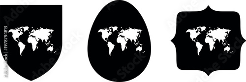 World Map Silhouette Icons in Shield, Egg, and Badge Shapes for Global Branding and Design