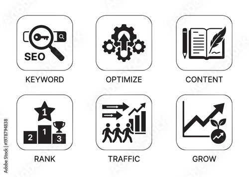 SEO strategy icons for keyword research optimize content rank traffic and growth vector.