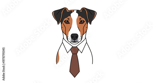 A meticulous portrait of a tricolor Jack Russell Terrier wearing a crisp white collared shirt and a professional brown necktie against a plain white background.