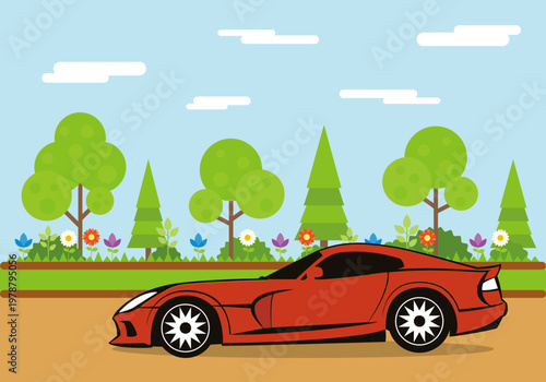 Bright red sports car driving along a scenic route in flat design style
