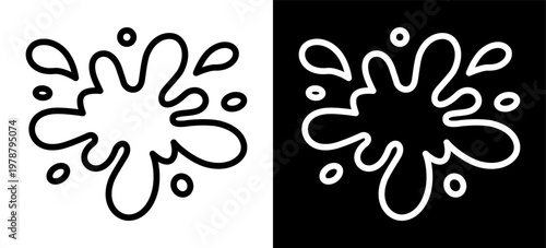 Splash outline icon. Abstract liquid blot with irregular organic shape and drops. Symbol of water, paint, ink, juice or stain. Editable stroke pictogram on black and white background.