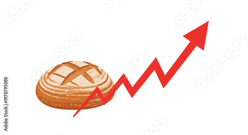 A crusty golden brown loaf of sourdough bread is positioned behind a vibrant red upward trending arrow on a minimalist white background for economic context.