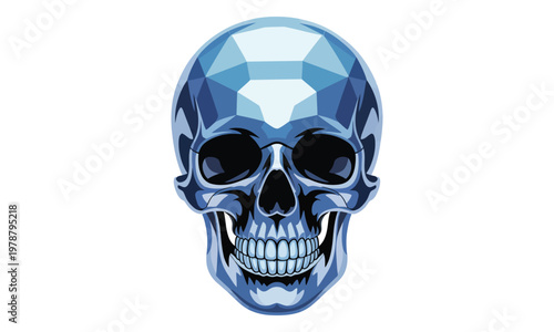 Blue gemstone skull with sharp teeth on white background