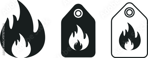 Black Fire Icon and Hot Sale Tag Vector Set Isolated on White Background for Marketing and Promotion