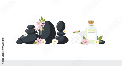 A serene arrangement of smooth black basalt stones and delicate pink cherry blossoms sits beside a rolled white towel and a clear glass bottle of oil.