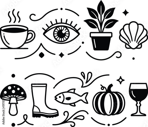 Black and white line art illustrations of various objects and symbols  everyday life and nature