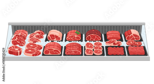 Various premium cuts of raw red meat including steaks and ground beef are meticulously arranged on white ice inside a professional supermarket display case.