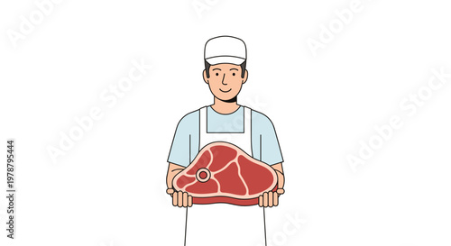 A friendly butcher wearing a white uniform and cap proudly holds a massive raw bone-in beef steak with both hands against a pristine white background.