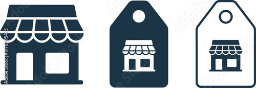 Retail shop icon set with storefront and price tag symbols for ecommerce and small business branding