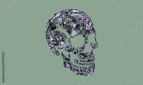 A skull made of various sized gray gemstones on green background