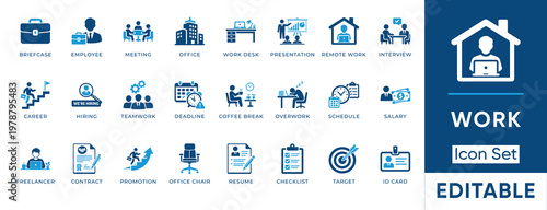 Work icon set. Containing remote work, freelancer, hiring, resume, presentation, meeting, career, teamwork and more. Solid vector icons collection.