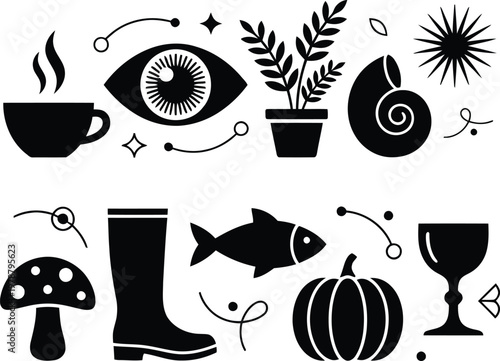 Black and white vector icons of various objects on white background