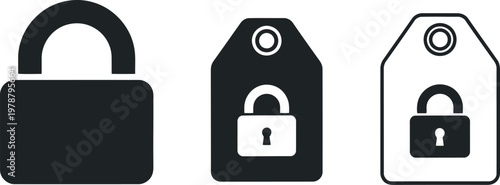 Black padlock and security tag icons set for privacy, protection, and access control concepts